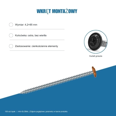 Wkręt montażowy Info-GLOBAL MC 4,2×85 mm, kolory RAL, 100 szt.